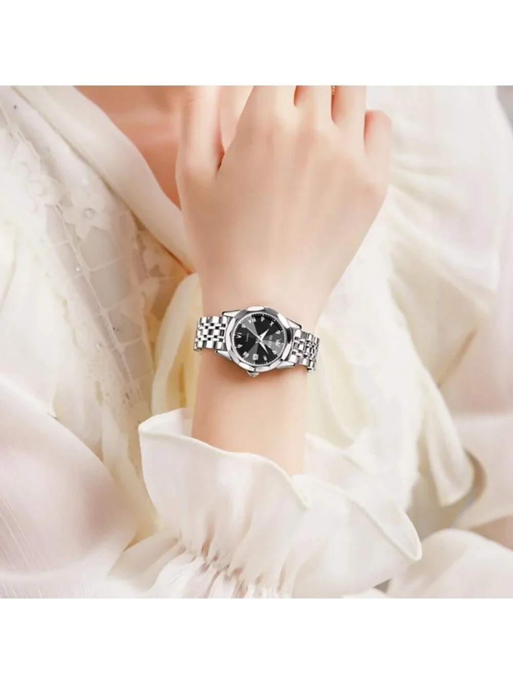 Women’s Black White Luxury Stainless Steel Waterproof Quartz Analog Dress Watch